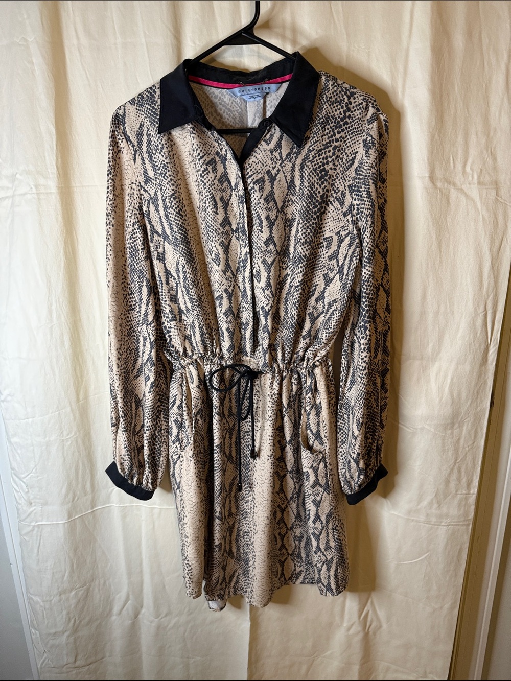 Snake-Print Long-Sleeve Shirt Dress with Black Trim